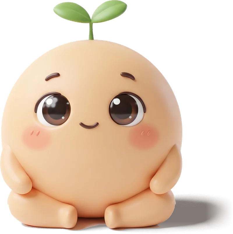 Kui, o mascote da Kuiida: um bolinho cor de pêssego com um broto verde na cabeça, sorrindo